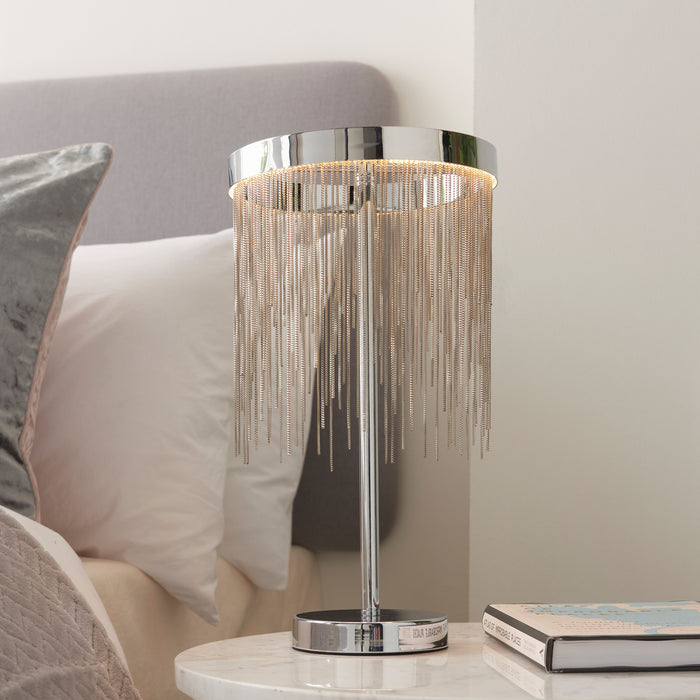 Zelma Chrome Metal Table Lamp With Fringe Shade