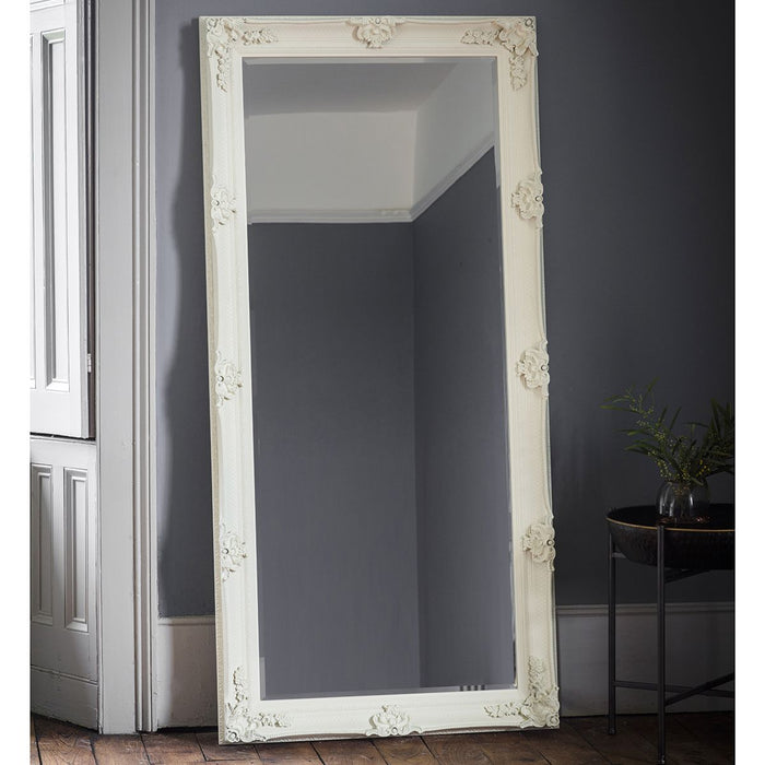 Bruna Wooden Floor Mirror, Rectangular, Baroque, Cream Frame 165 x 79.5cm