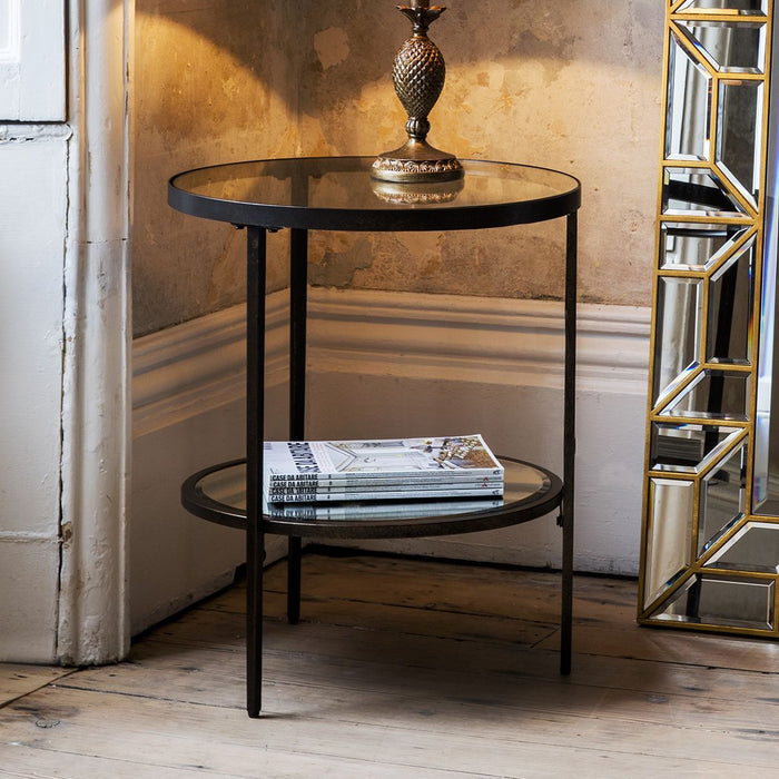 Amelia Round Side Table, 2 Tier, Bronze Metal Frame, Clear Glass Top