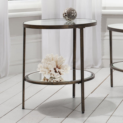 Amelia Round Side Table, 2 Tier, Bronze Metal Frame, Clear Glass Top