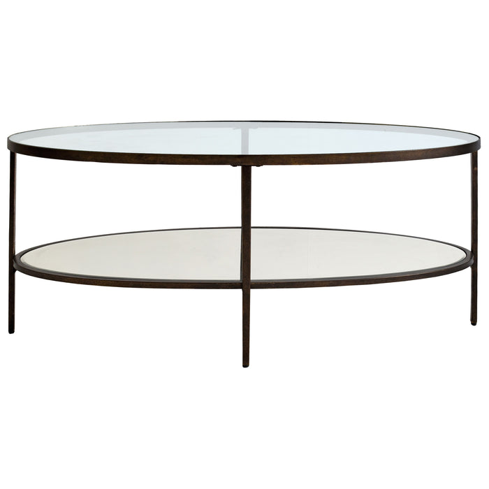Greta Oval Coffee Table, Lower Mirrored Shelf, Bronze Metal Frame, Glass Top
