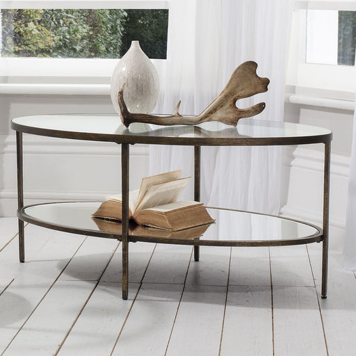 Greta Oval Coffee Table, Lower Mirrored Shelf, Bronze Metal Frame, Glass Top