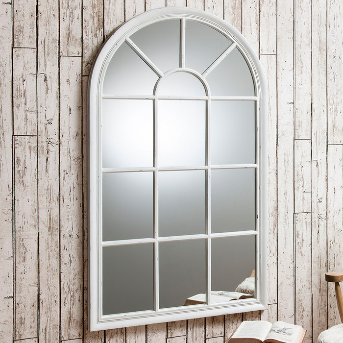Distressed Wooden Wall Mirror, Arched, White Frame, Window, 140 x 80cm