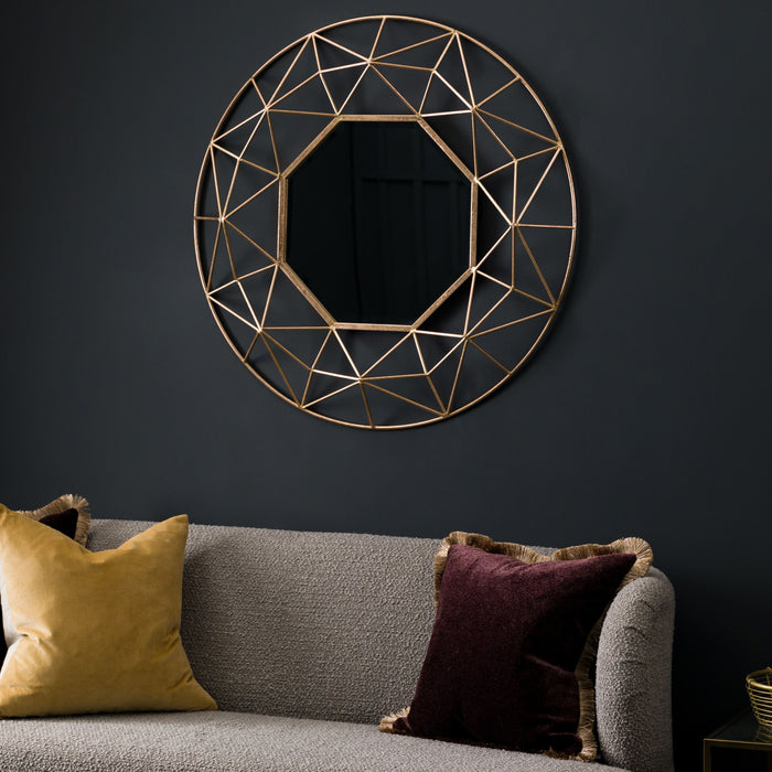 Beatrice Round Wall Mirror, Metal, Gold Finish, Geometric, 88.5cm