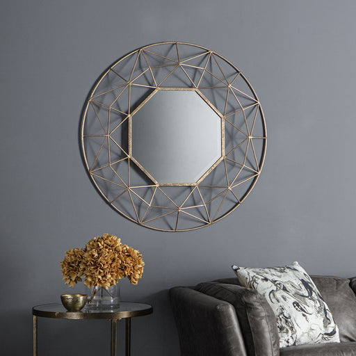 Beatrice Round Wall Mirror, Metal, Gold Finish, Geometric, 88.5cm
