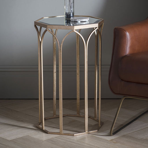 Mia Decorative Side Table, Aged Metal Frame, Glass Top