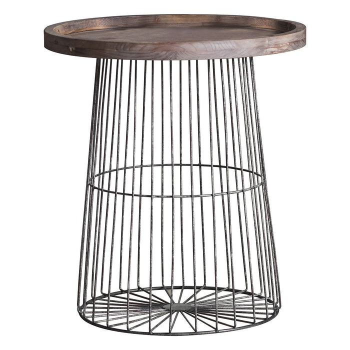 Adjair Round Side Table, Natural Wood, Grey Metal Frame, Cage Style