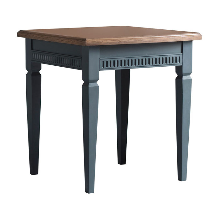 Lily Square Side Table, Wooden Dark Blue Legs, Parquet Oak Top