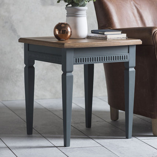 Lily Square Side Table, Wooden Dark Blue Legs, Parquet Oak Top