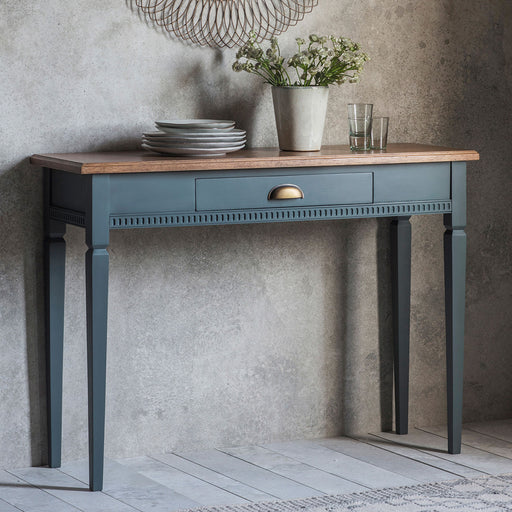 Chiara Wooden Console Table, Mahogany, Dark Blue, Parquet Oak, 1 Drawer