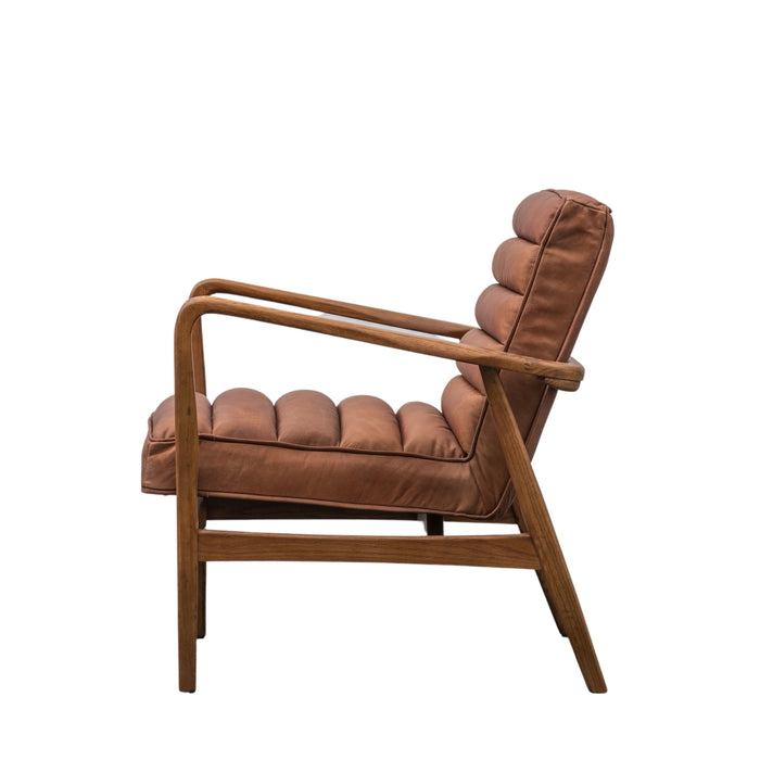 Dallas Armchair / Accent Chair, Tan Leather, Natural Wood Frame
