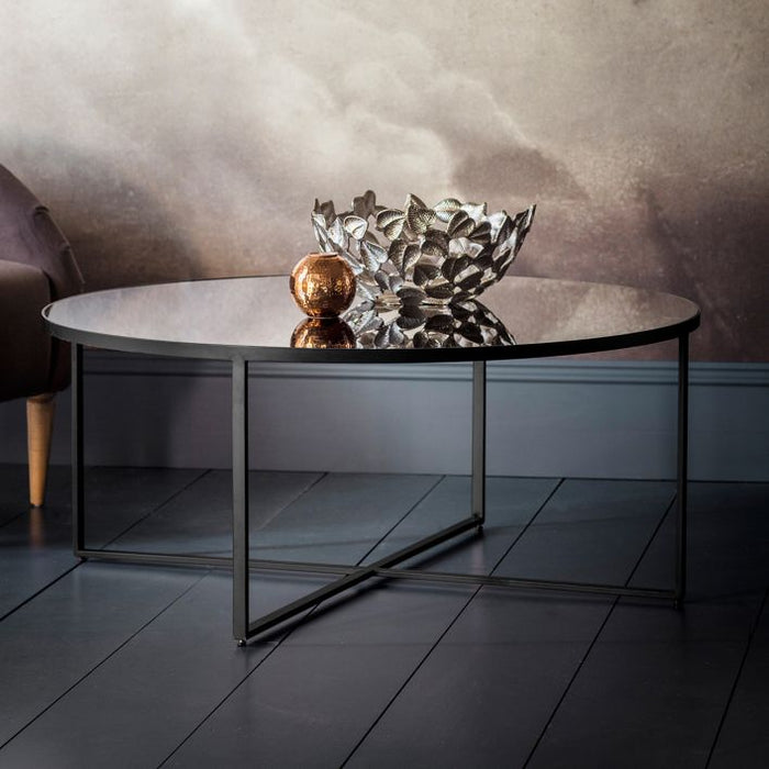 Benedetta Coffee Table, Black Metal Frame, Grey Glass Top
