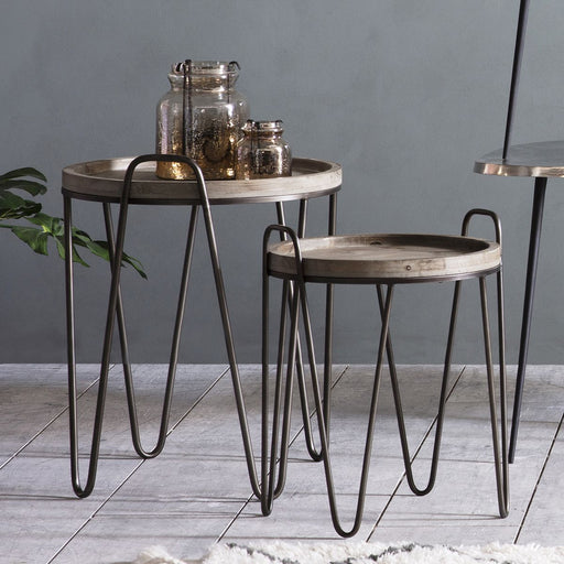Vittoria Side Table, Black Metal Frame, Nest of 2 Tables, Fir Wood Tray Top