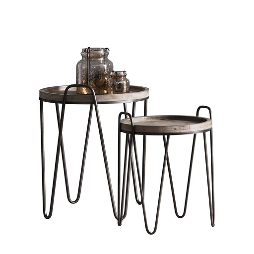Vittoria Side Table, Black Metal Frame, Nest of 2 Tables, Fir Wood Tray Top