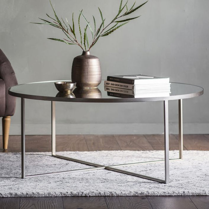 Benedetta Coffee Table, Silver Metal Frame, Round Glass Top