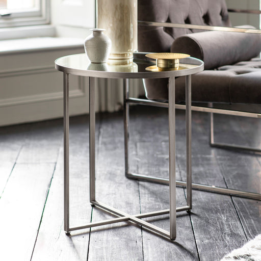 Camilla Sofa Side Table, Silver Metal  Frame, Round Top 