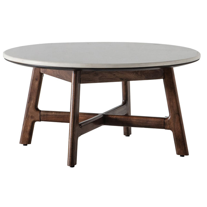 Akari Round Coffee Table, White Marble Top, Walnut Frame