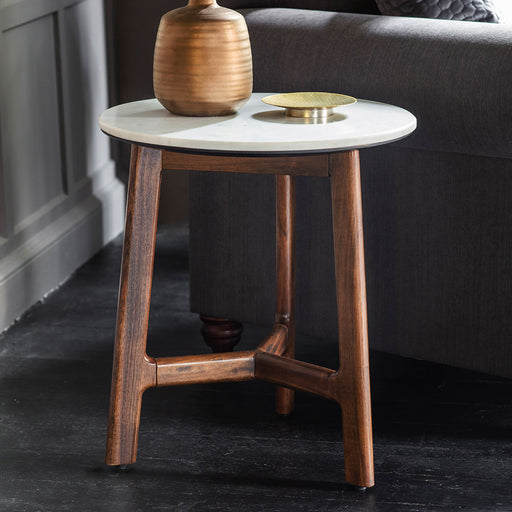 Akari Round Side Table, Dark Acadia Wooden Frame, White Marble Top