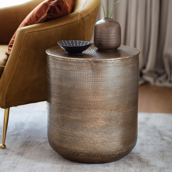 Lucia Side Table, Round Artisan Metal, Antique Brass