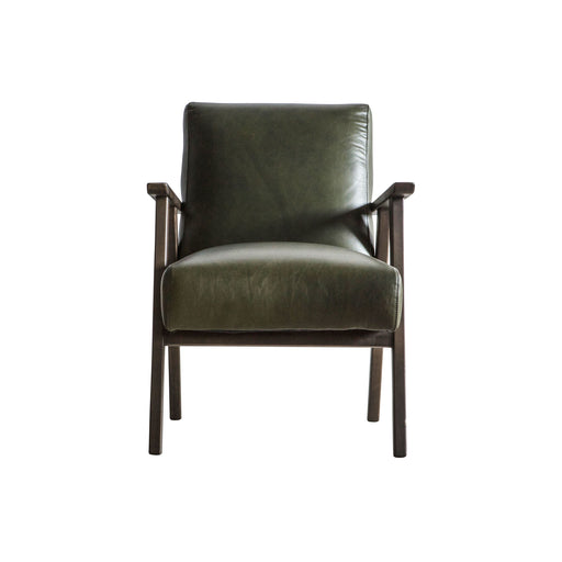 Charleston Armchair / Accent Chair, Green Leather, Walnut Wood Frame
