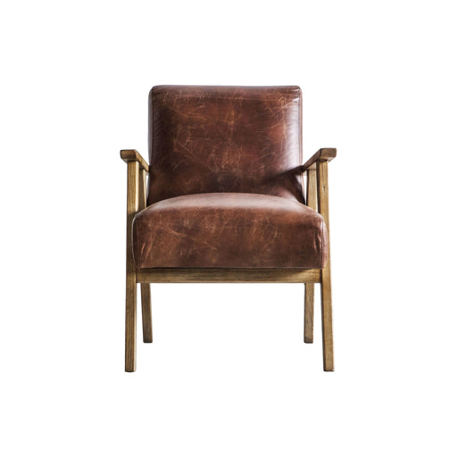 Charleston Armchair / Accent Chair, Vintage Brown Soft Leather, Natural Wood Frame