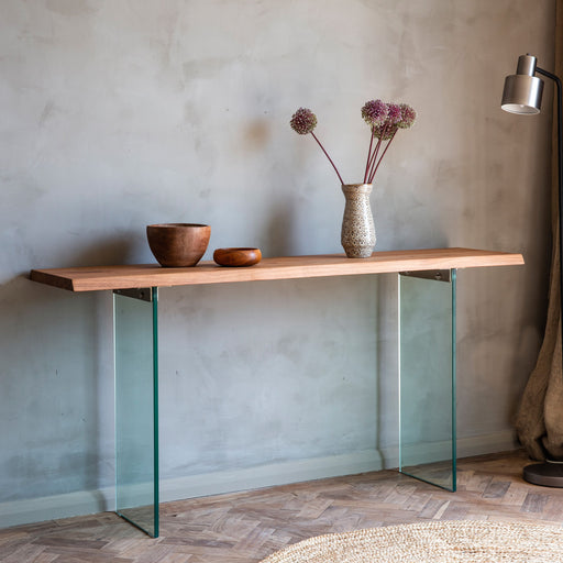 Emma Wooden Console Table, Tempered Glass Legs, Natural Acacia Wood