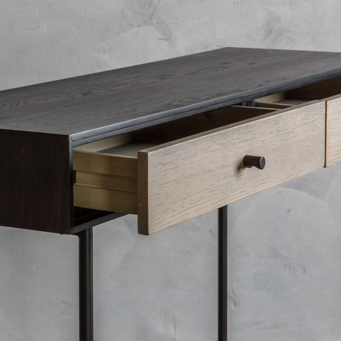 Alessandra Console Table, Oak Veneer Wood, 2 Drawer, Black Metal Frame
