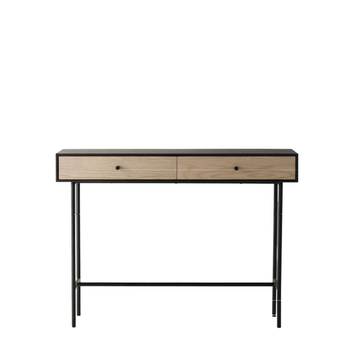 Alessandra Console Table, Oak Veneer Wood, 2 Drawer, Black Metal Frame