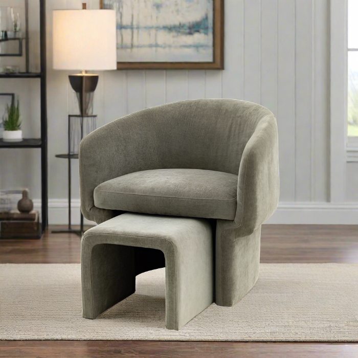 Milano Curved Accent Arm Chair & Footstool, Olive Fabric