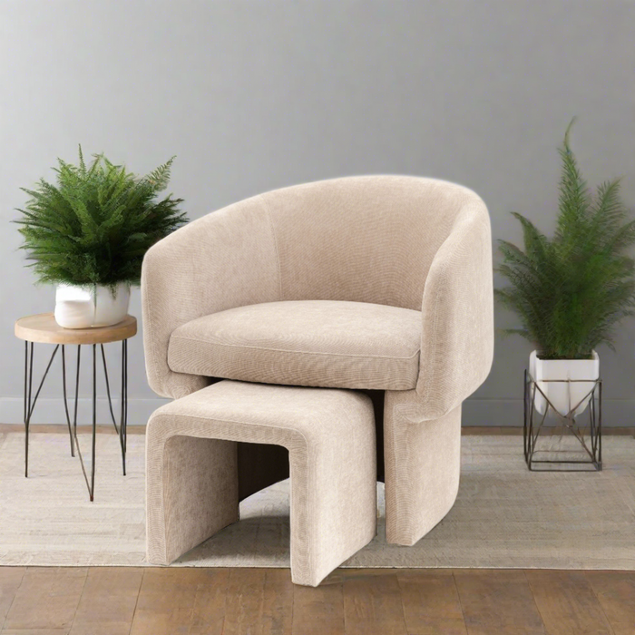 Milano Curved Accent Arm Chair & Footstool, Cream Fabric