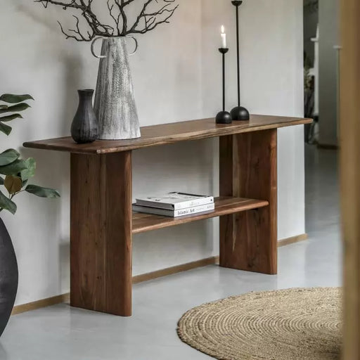 Priory Console Table, Natural Solid, Acadia Wood, Lower Shelf 