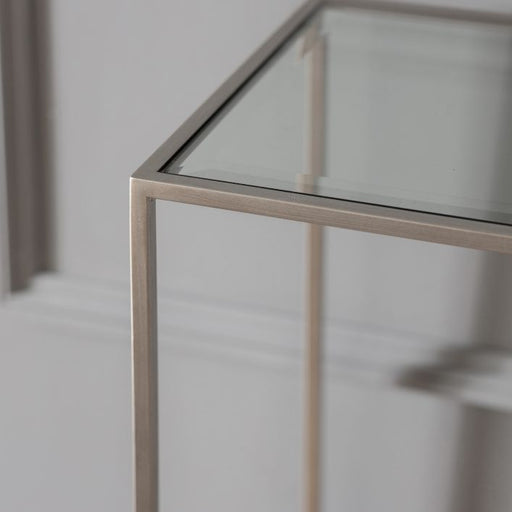 Emilia Console Table, Sleek Metal Frame, Silver, Clear Glass Tabletop
