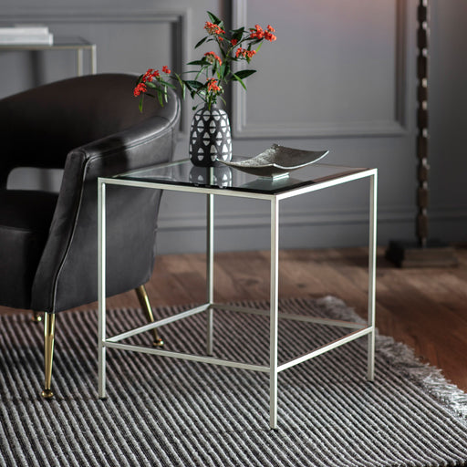Grace Side Tables, Square Metal Framed, Champagne, Clear Glass Table Top