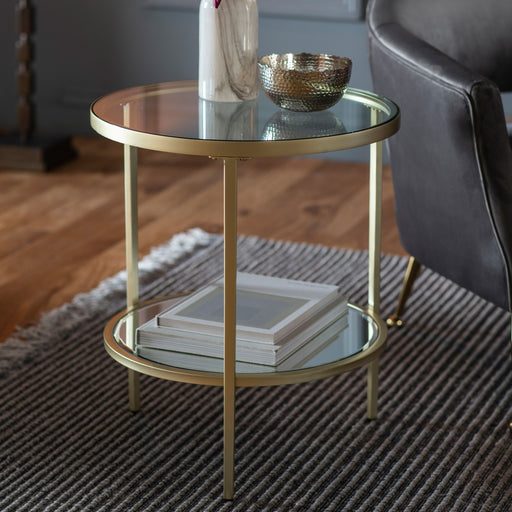Amelia Round Side Table, Champagne Metal Frame, Clear Glass Top, 2 Tier