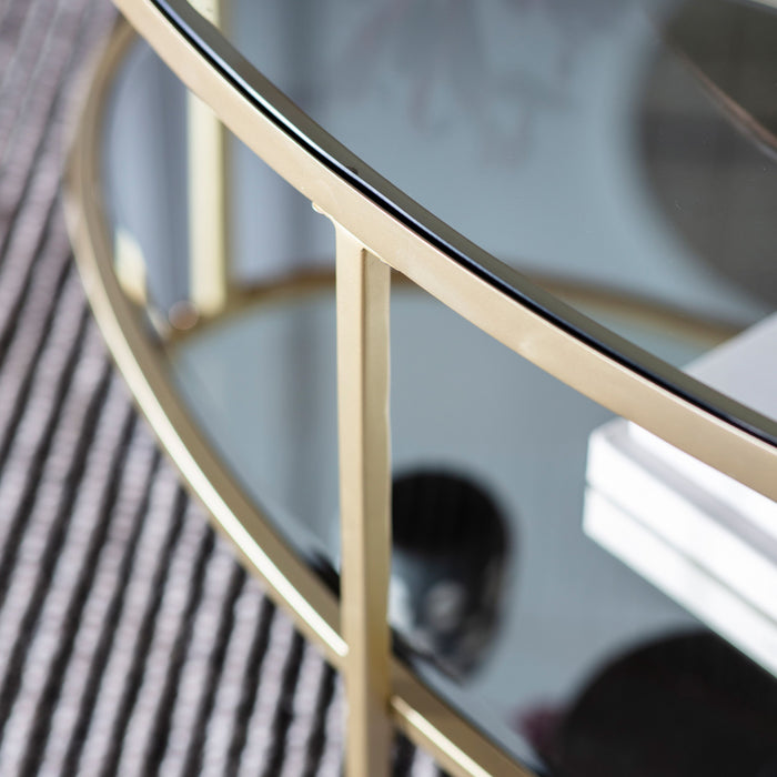Greta Oval Coffee Table, Champagne Finish, Metal Frame, Glass Top