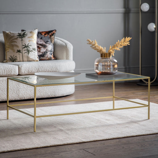 Amelia Coffee Table, Champagne Metal Frame, Clear Glass Top