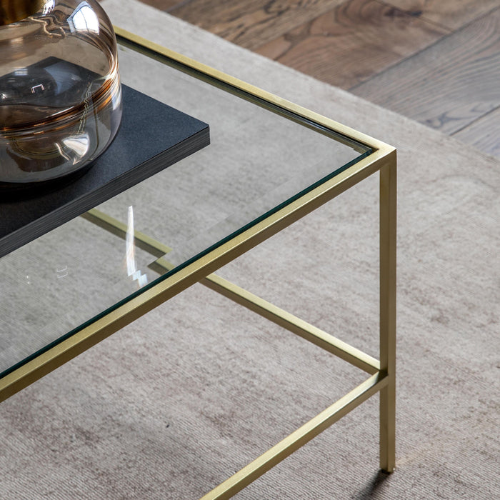 Amelia Coffee Table, Champagne Metal Frame, Clear Glass Top, Due Back In29/03/24
