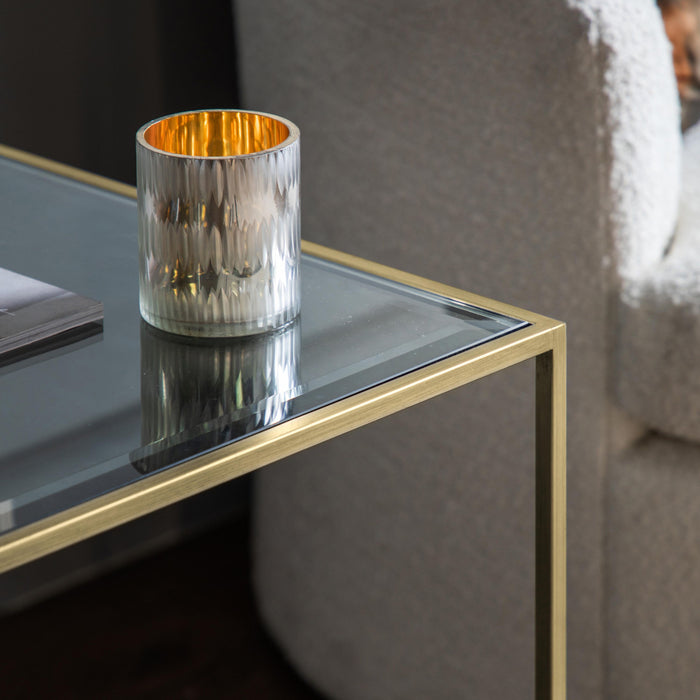 Grace Side Tables, Square Metal Framed, Champagne, Clear Glass Table Top