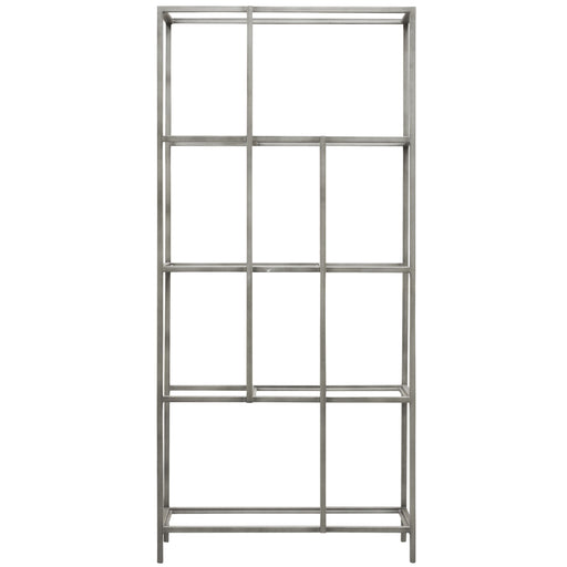Ellie Rectangular Floor Shelf, Silver Metal Frame, Display Unit, Beveled Clear Glass Tabletop