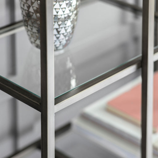Ellie Rectangular Floor Shelf, Silver Metal Frame, Display Unit, Beveled Clear Glass Tabletop