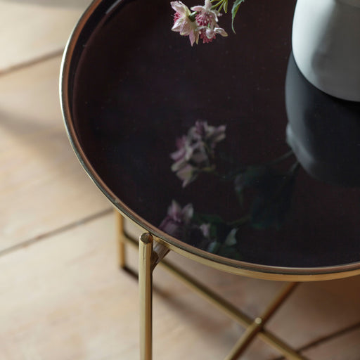 Benedetta Side Tray Table, Gold Metal Frame, Black Round Top 