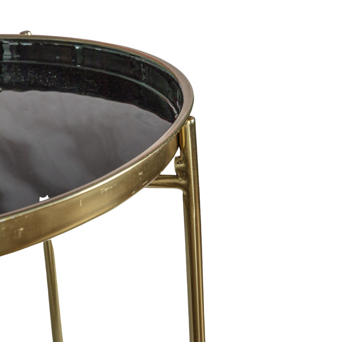 Benedetta Side Tray Table, Gold Metal Frame, Black Round Top