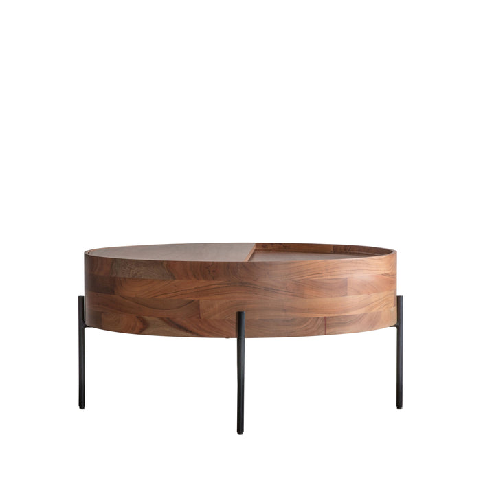 Beatrice Table Coffee, Natural Acacia Wood, Round Top, Metal Legs