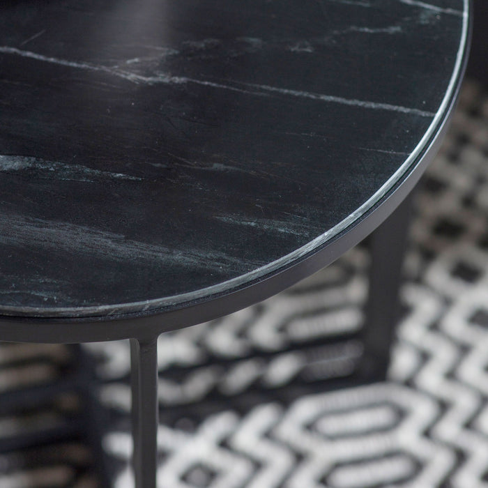 Alberta Round Side Table, Grey Marble Top, Black Metal Frame