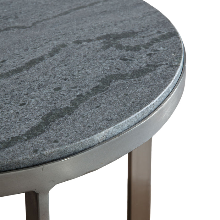 Alberta Round Side Table, Stainless Steel Frame, Brushed Silver, Grey Marble Top