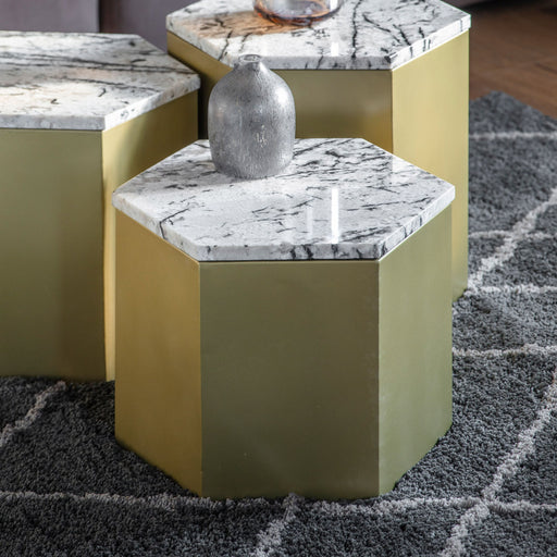 Bianca Small Side Table, Hexagonal Gold Metal Frame, White Marble Top