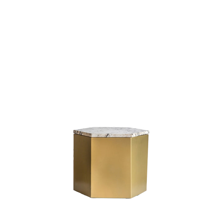 Bianca Small Side Table, Hexagonal Gold Metal Frame, White Marble Top