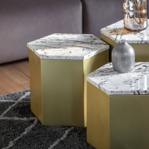 Bianca Large Side Table, Hexagonal Gold Metal Frame, White Marble Top