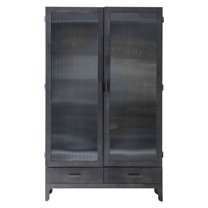 Lucy Floor Shelf Unit, 2 Drawer, 2 Glass Door, Display Unit, Metal Frame, Dark Grey