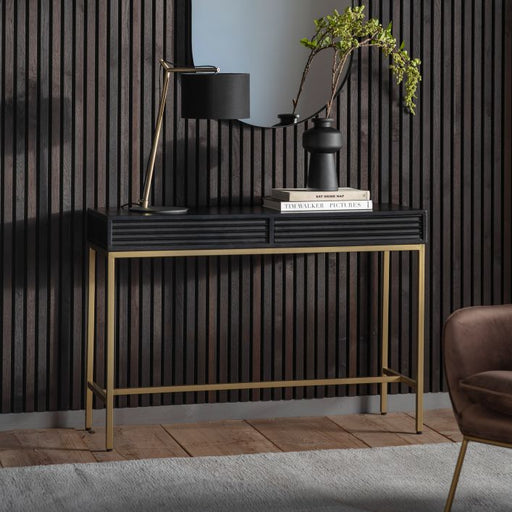 Marcella Console Table, Gold Metal Frame, Black Mango Wood 